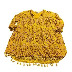 Roller Rabbit Serafina Tunic Yellow Boho Top Tassel Purple‎ Floral embroidered L
